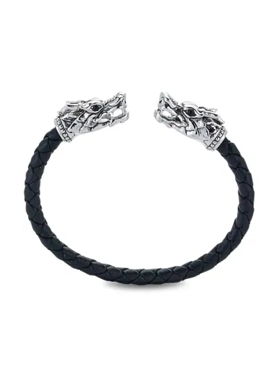 Eli Pebble Men's Sterling Silver, Leather & Black Spinel Dragon Braided Cuff Bracelet