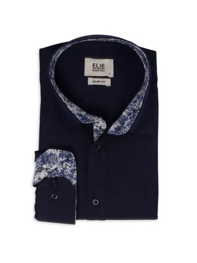 Elie Balleh Men's Floral Trim Jacquard Dress Shirt In Navy