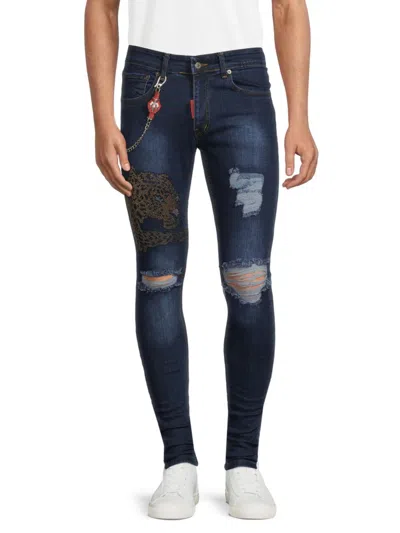 Elie Balleh Men's Leopard Patch Distressed Jeans In Dark Blue