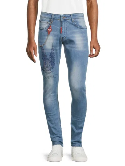 Elie Balleh Men's Rhinestone Skull Slim Fit Jeans In Blue