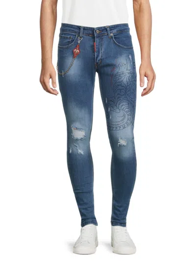 Elie Balleh Men's Rhinestone Tiger Ripped Skinny Jeans In Blue