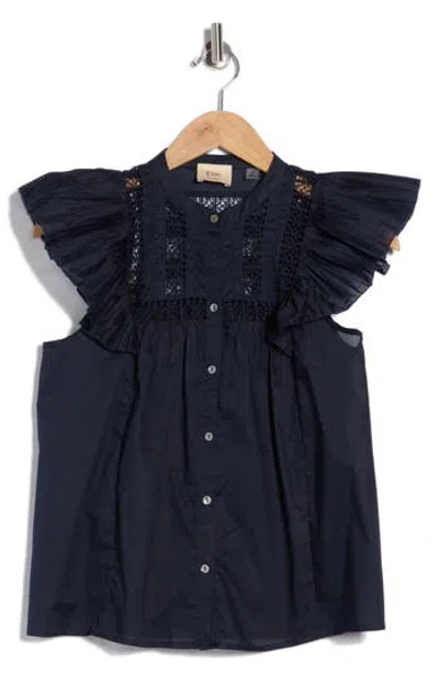 Elie Elie Tahari Cap Sleeve Lace Trim Button-up Top In Blue
