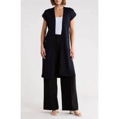 Elie Elie Tahari Cap Sleeve Ribbed Longline Cardigan In Black