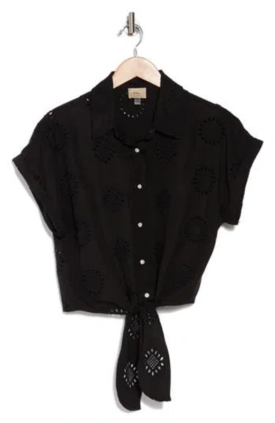 Elie Elie Tahari Embroidered Eyelet Short Sleeve Tie Front Shirt In Black/black