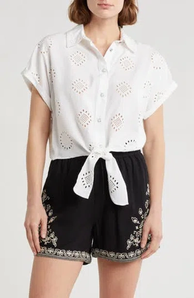 Elie Elie Tahari Embroidered Eyelet Short Sleeve Tie Front Shirt In White
