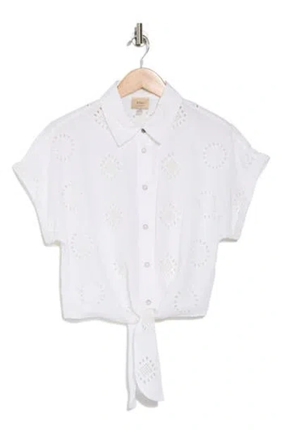 Elie Elie Tahari Embroidered Eyelet Short Sleeve Tie Front Shirt In White/white