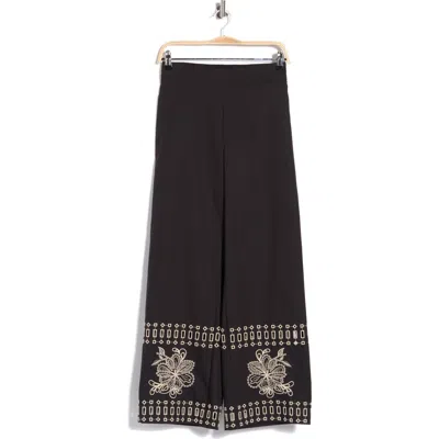 Elie Elie Tahari Embroidered Hem Pull-on Pants In Black/ Ivory Embroidery