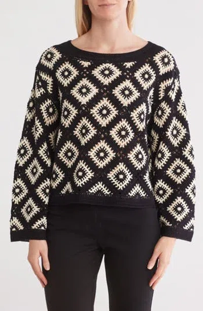 Elie Elie Tahari Flared Sleeve Crochet Sweater In Black/ivory