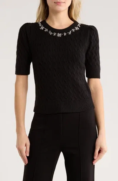 Elie Elie Tahari Jeweled Short Sleeve Sweater In Black