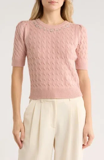 Elie Elie Tahari Jeweled Short Sleeve Sweater In Pink