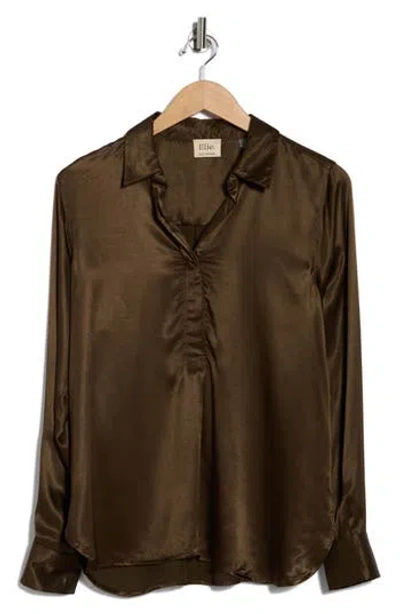 Elie Elie Tahari Long Sleeve Satin Button-up Shirt In Brown