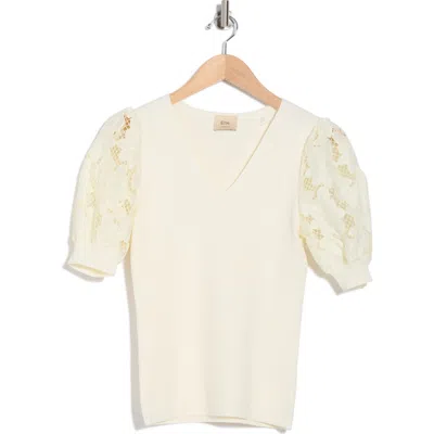 Elie Elie Tahari Puffed Lace Sleeve V-neck Sweater