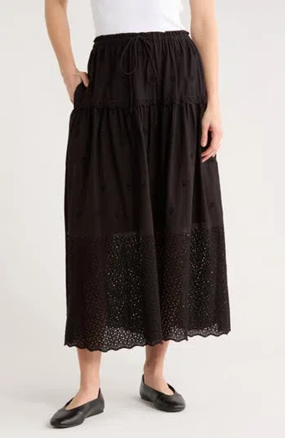 Elie Elie Tahari Ruffle Embroidered Eyelet Cotton Blend Skirt In Black