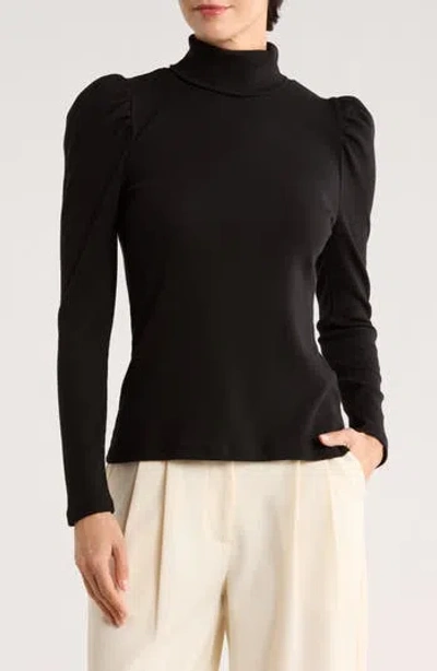 Elie Elie Tahari Stretch Pima Cotton Puff Sleeve Turtleneck Rib Top In Black