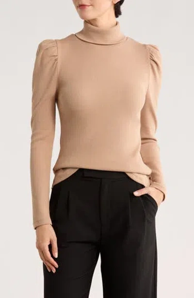 Elie Elie Tahari Stretch Pima Cotton Puff Sleeve Turtleneck Rib Top In Brown