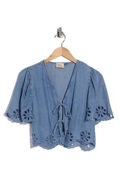 Elie Elie Tahari Tie Front Chambray Eyelet Trim Top In Blue