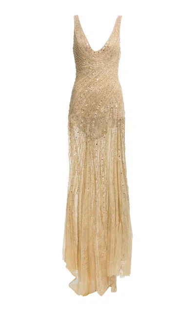 Elie Saab Beaded Chiffon Maxi Dress In Gold