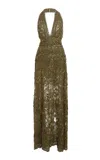 Elie Saab Beaded Halter Maxi Dress In Dark Green