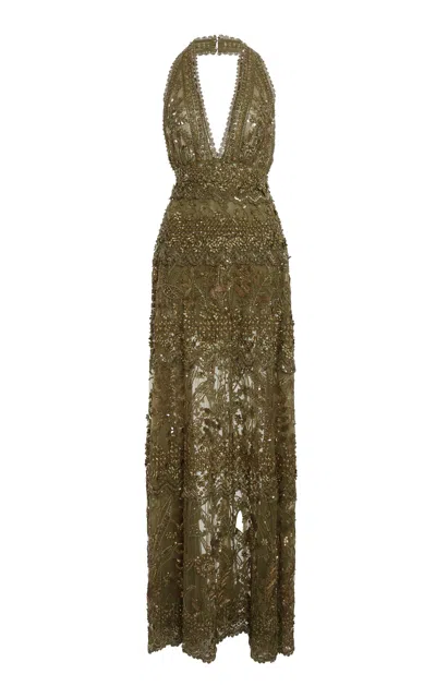 Elie Saab Beaded Halter Maxi Dress In Dark Green