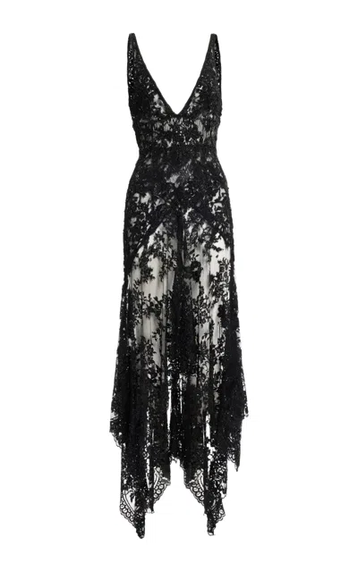 Elie Saab Beaded Lace Midi Dress In Black