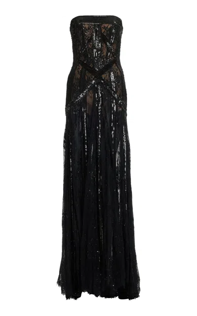 Elie Saab Beaded Lace-paneled Maxi Dress In Black