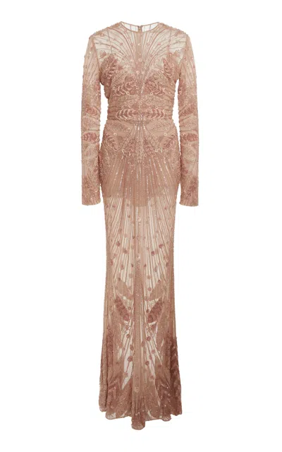 Elie Saab Beaded Long Sleeve Dress In Nude