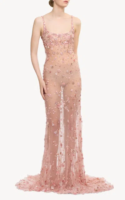 Elie Saab Beaded Organza Maxi Dress In Pink