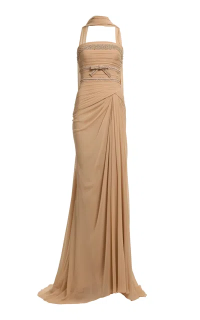 Elie Saab Bead-embellished Silk-blend Maxi Dress In Brown