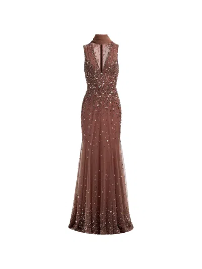 Elie Saab Bead-embroidered Cape-detail Maxi Dress In Brown