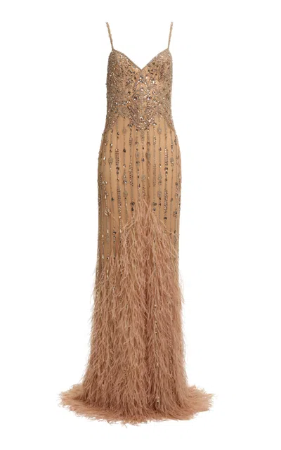 Elie Saab Bead-embroidered Feather-embellished Silk-blend Maxi Dress In Brown