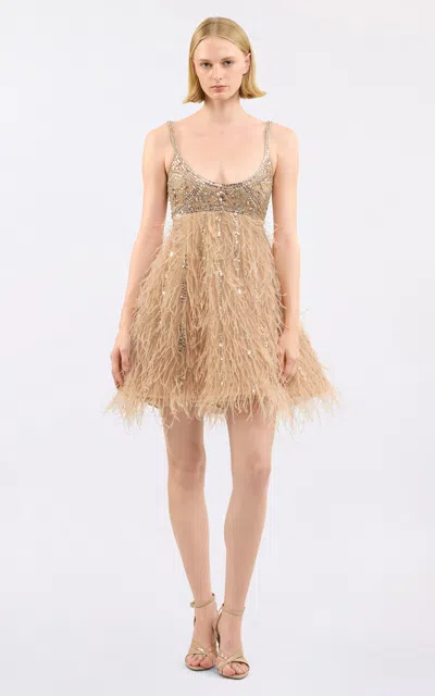 Elie Saab Bead-embroidered Feather-embellished Silk-blend Mini Dress In Brown