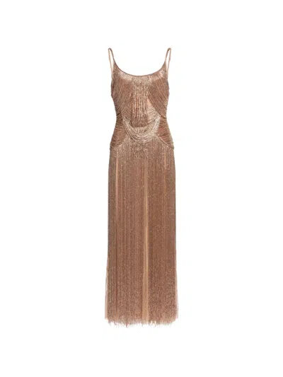 Elie Saab Bead-embroidered Fringed Maxi Dress In Brown