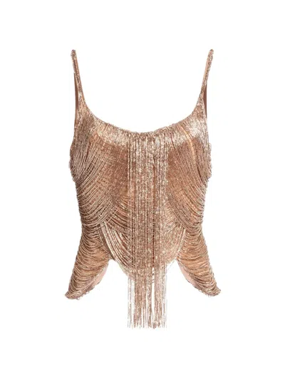 Elie Saab Bead-embroidered Fringed Top In Brown