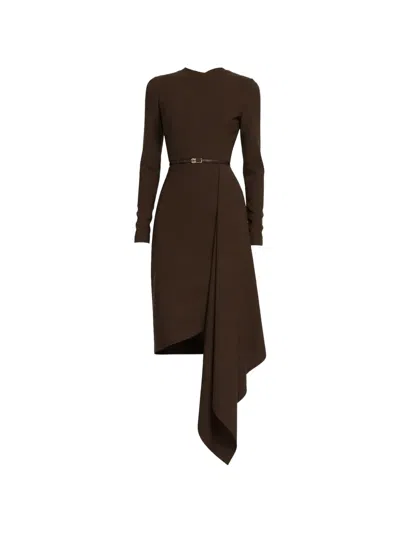 Elie Saab Belted Draped Midi Dress In Brown