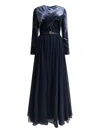 Elie Saab Velvet Pleated Maxi Dress With Belted Waist In Blue