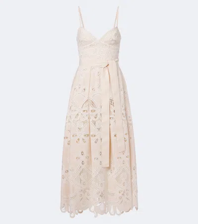 Elie Saab Belted Embroidered Gathered Midi Dress In Sand