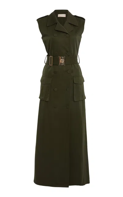 Elie Saab Belted Gabardine Maxi Dress In Dark Green