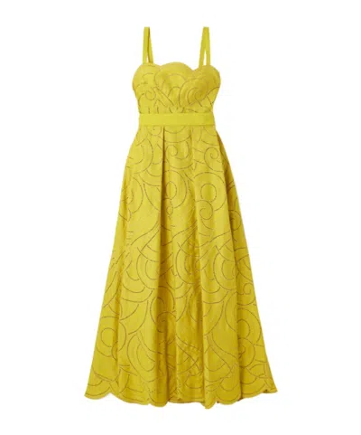 Elie Saab Belted Pleated Embroidered Cotton-blend Twill Gown In Yellow