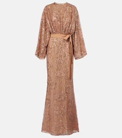 Elie Saab Belted Sequined Silk-blend Gown In Brown