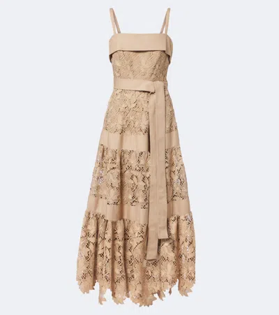 Elie Saab Belted Tiered Guipure Lace Maxi Dress In Brown
