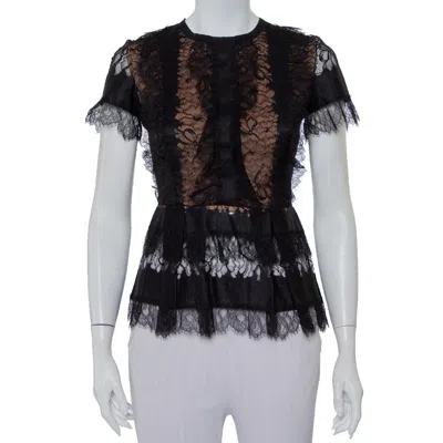 Elie Saab Black Lace Short Sleeve Peplum Top In Multi