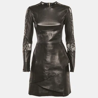 Pre-owned Elie Saab Black Lace Trim Leather Mini Dress Xs