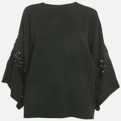 Pre-owned Elie Saab Black Sequin Embroidered Detail Crepe Tunic Blouse S