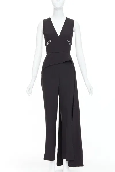 Pre-owned Elie Saab Black Sheer Panels Drape Asymmetric V Neck Jumpsuit Fr36 S