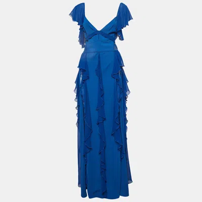 Elie Saab Blue Lace Trim Georgette Ruffled Gown