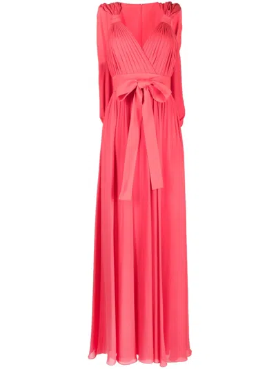 Elie Saab Gathered Plunging Georgette Cape Gown In Calypso Coral