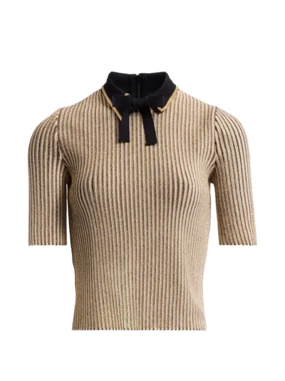 Elie Saab Bow-detail Ribbed-knit Polo Top In Brown