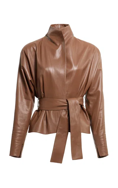 Elie Saab Boxy Leather Jacket In Brown