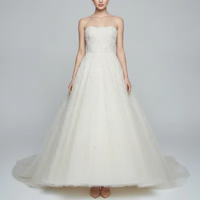 Pre-owned Elie Saab Bridal Cream Embellished Tulle Strapless Gown S