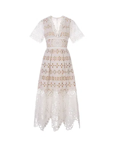 Elie Saab Broderie Anglaise Midi Dress In White
